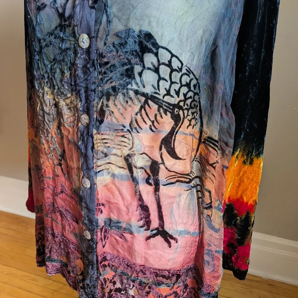 Vintage Y2K Citron Velvet Burnout Top Button Front Tie Dye Whimsygoth Size XL